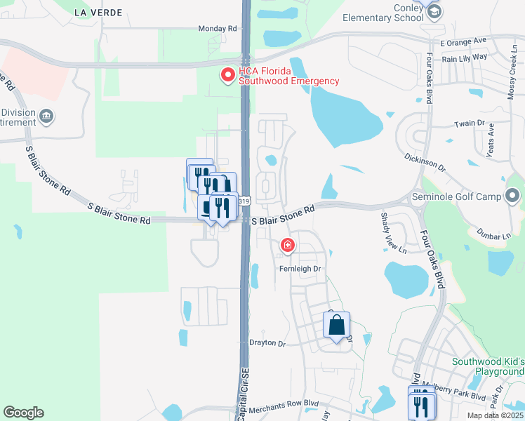 map of restaurants, bars, coffee shops, grocery stores, and more near 3550 Esplanade Way in Tallahassee