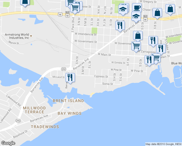 map of restaurants, bars, coffee shops, grocery stores, and more near 700 South L Street in Pensacola