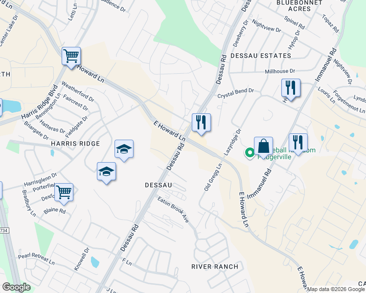map of restaurants, bars, coffee shops, grocery stores, and more near 13416 Gregg Lane in Pflugerville