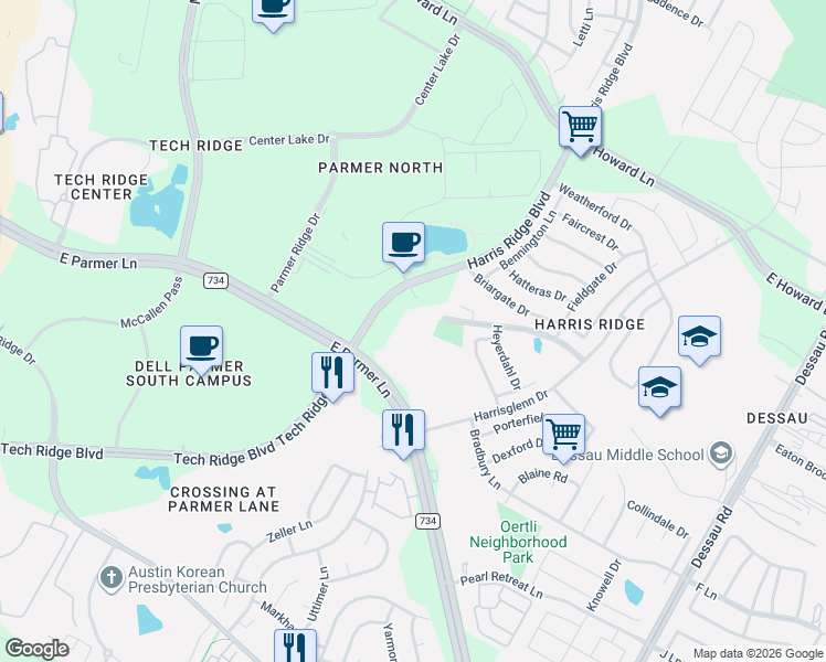 map of restaurants, bars, coffee shops, grocery stores, and more near 902 1/2 East Parmer Lane in Austin
