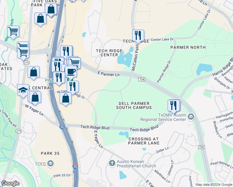 map of restaurants, bars, coffee shops, grocery stores, and more near 12600 McCallen Pass in Austin