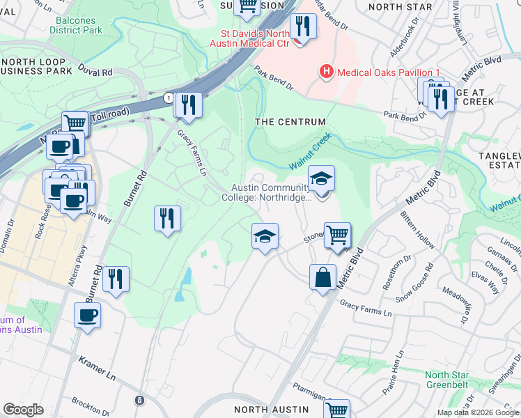 map of restaurants, bars, coffee shops, grocery stores, and more near 2320 Gracy Farms Lane in Austin