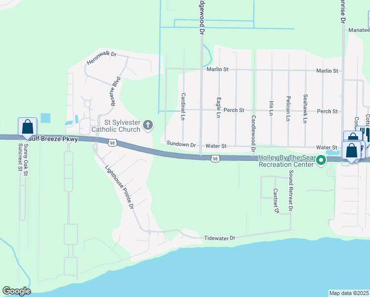 map of restaurants, bars, coffee shops, grocery stores, and more near 1828 Sundown Drive in Navarre