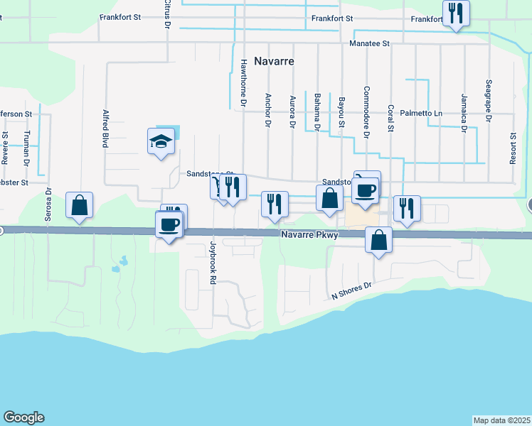 map of restaurants, bars, coffee shops, grocery stores, and more near 1870 Falling Leaves Court in Navarre