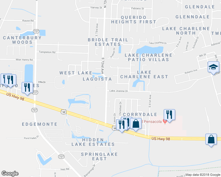 map of restaurants, bars, coffee shops, grocery stores, and more near 7072 Lake Joanne Drive in Pensacola