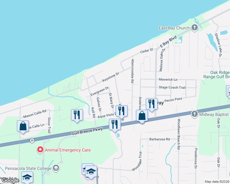 map of restaurants, bars, coffee shops, grocery stores, and more near 1832 Saint Mary Drive in Gulf Breeze