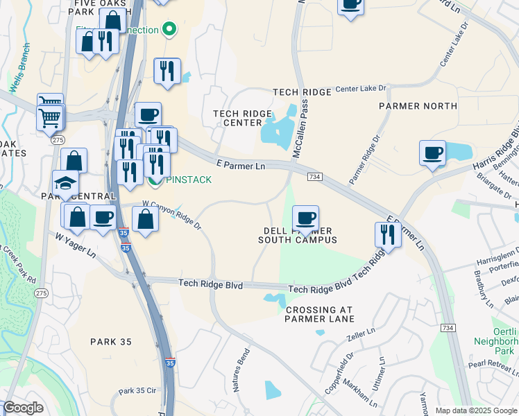 map of restaurants, bars, coffee shops, grocery stores, and more near 12600 McCallen Pass in Austin