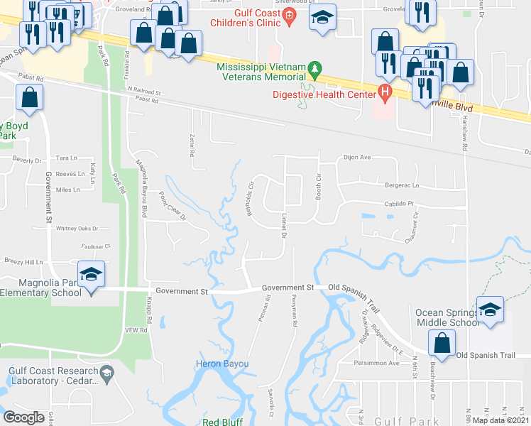 map of restaurants, bars, coffee shops, grocery stores, and more near 107 Mark Daniel Circle in Ocean Springs