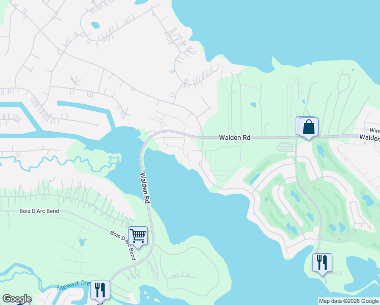 map of restaurants, bars, coffee shops, grocery stores, and more near 15201 Walden Road in Montgomery