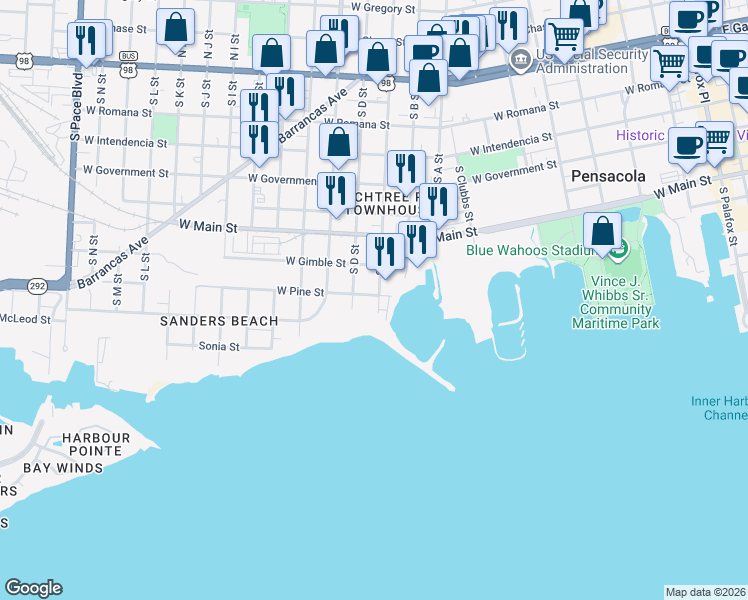 map of restaurants, bars, coffee shops, grocery stores, and more near 1001 West Pine Street in Pensacola
