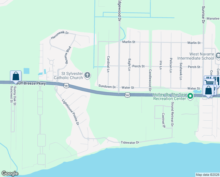 map of restaurants, bars, coffee shops, grocery stores, and more near 1828 Sundown Drive in Navarre