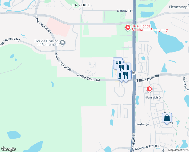 map of restaurants, bars, coffee shops, grocery stores, and more near 3501 South Blair Stone Road in Tallahassee