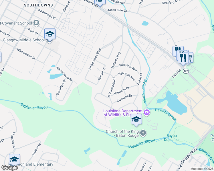 map of restaurants, bars, coffee shops, grocery stores, and more near 1621 Pollard Parkway in Baton Rouge