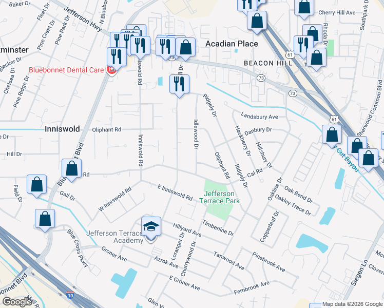 map of restaurants, bars, coffee shops, grocery stores, and more near 4918 Idlewood Drive in Baton Rouge