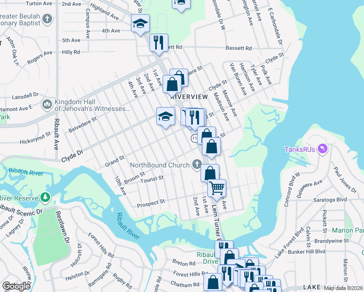 map of restaurants, bars, coffee shops, grocery stores, and more near 8960 2nd Avenue in Jacksonville
