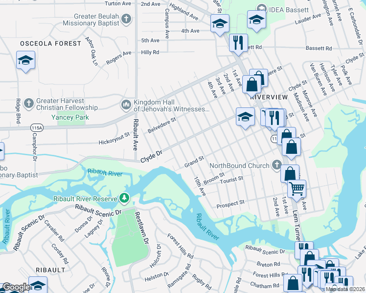 map of restaurants, bars, coffee shops, grocery stores, and more near 9050 9th Avenue in Jacksonville