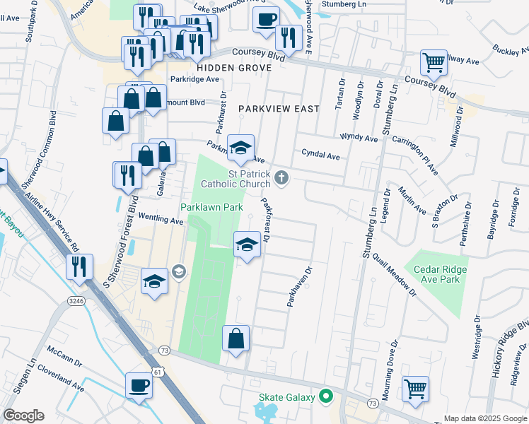 map of restaurants, bars, coffee shops, grocery stores, and more near 5322 Parkforest Drive in Baton Rouge