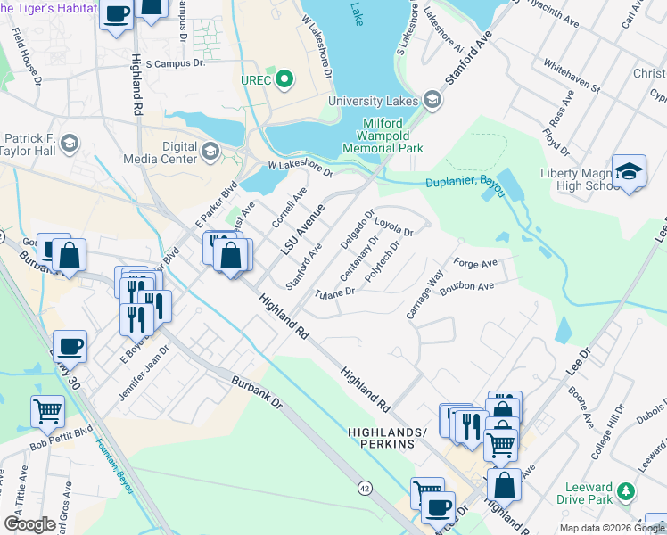 map of restaurants, bars, coffee shops, grocery stores, and more near 425 Delgado Drive in Baton Rouge