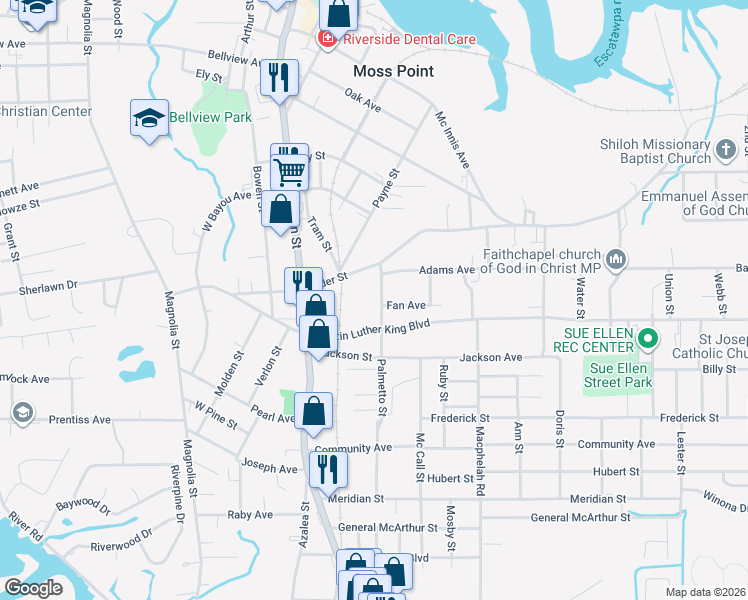 map of restaurants, bars, coffee shops, grocery stores, and more near 4424 Elder Street in Moss Point