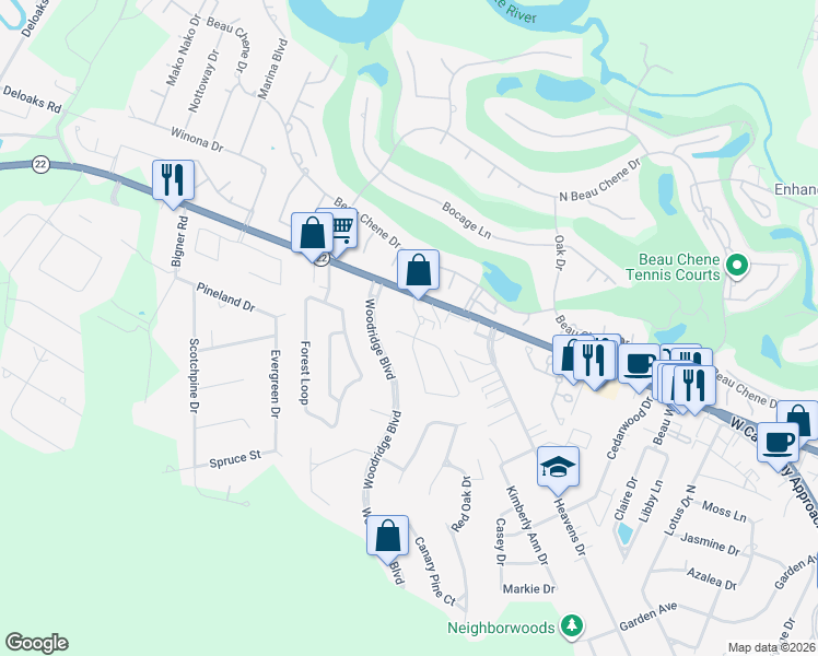 map of restaurants, bars, coffee shops, grocery stores, and more near 215 Ridgewood Drive in Mandeville