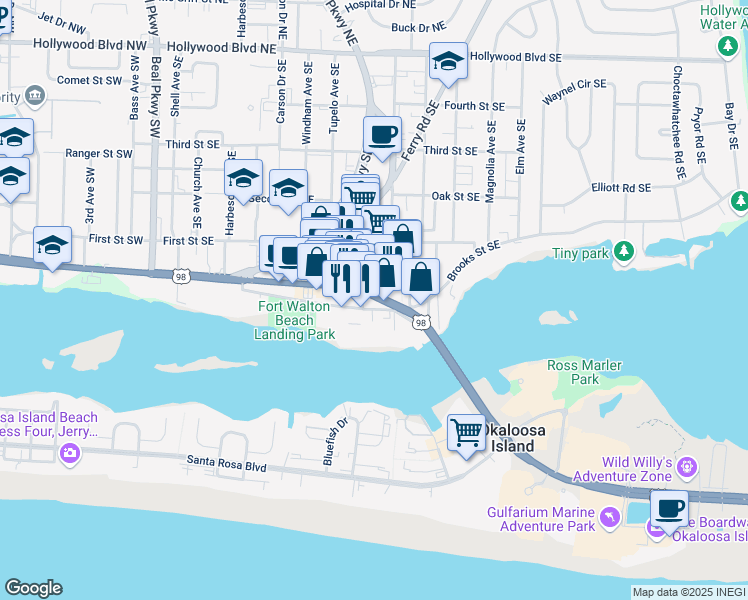map of restaurants, bars, coffee shops, grocery stores, and more near 236 Miracle Strip Parkway Southeast in Fort Walton Beach