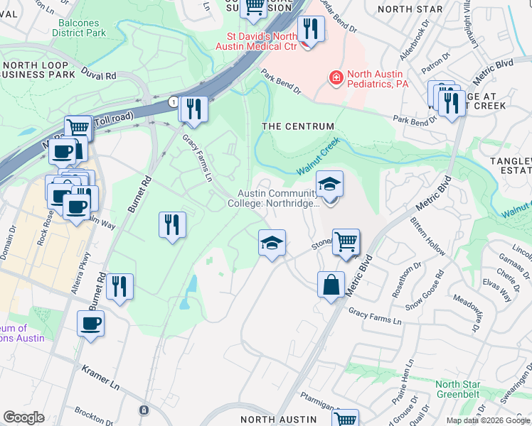 map of restaurants, bars, coffee shops, grocery stores, and more near 2320 Gracy Farms Lane in Austin