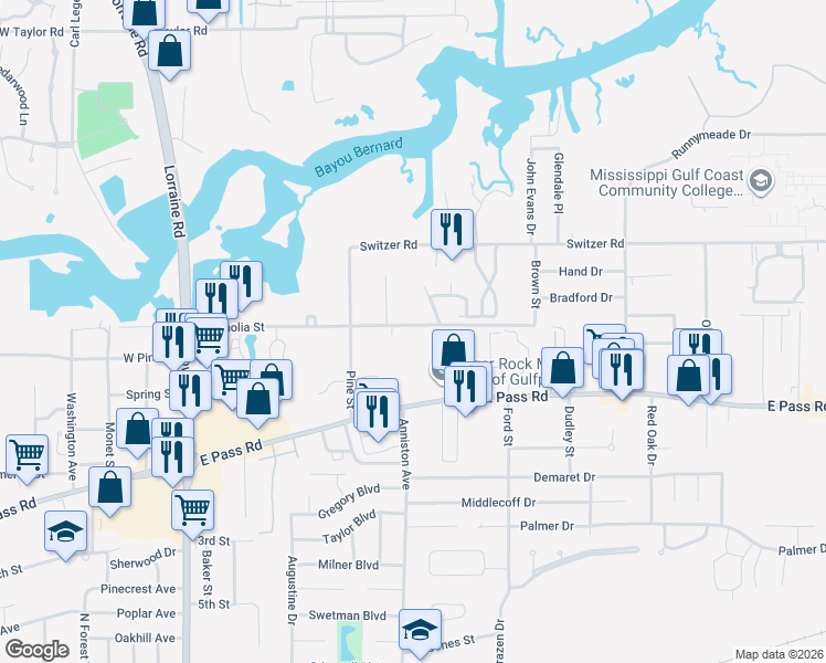 map of restaurants, bars, coffee shops, grocery stores, and more near 1768 Magnolia St in Gulfport