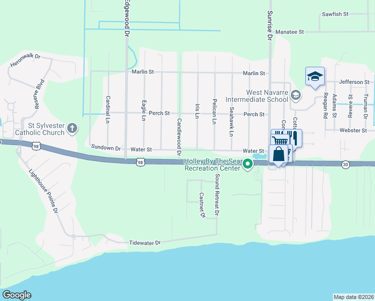 map of restaurants, bars, coffee shops, grocery stores, and more near 6717 Water Street in Navarre