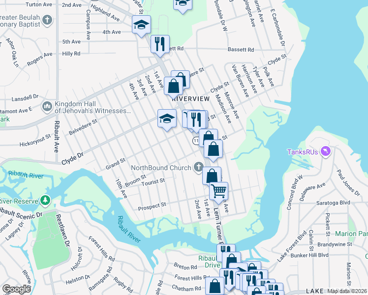 map of restaurants, bars, coffee shops, grocery stores, and more near 8960 2nd Avenue in Jacksonville