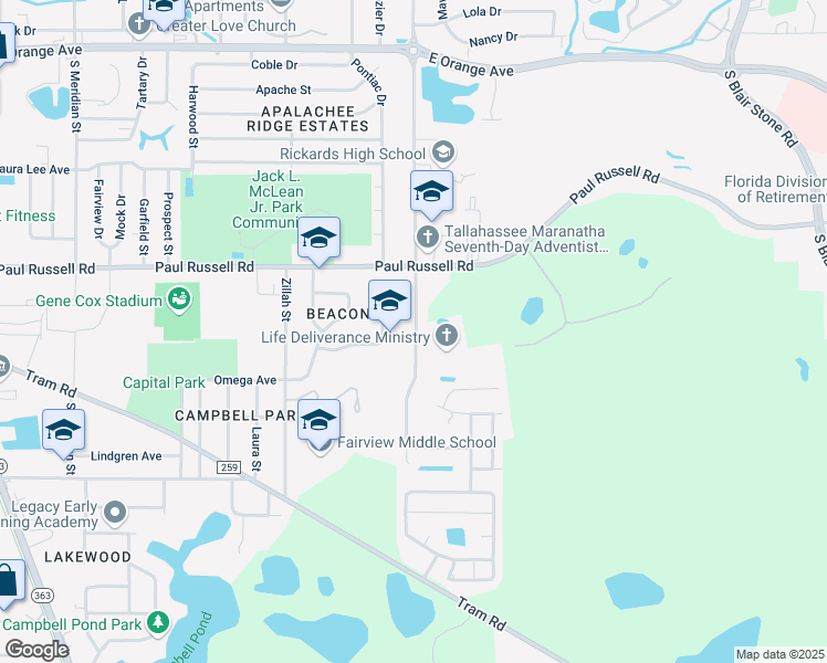 map of restaurants, bars, coffee shops, grocery stores, and more near 3216 Jim Lee Road in Tallahassee