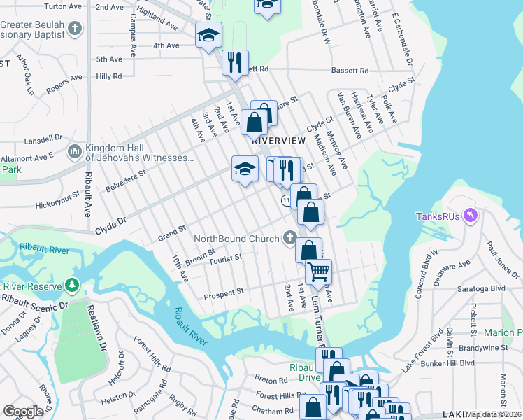map of restaurants, bars, coffee shops, grocery stores, and more near 8960 2nd Avenue in Jacksonville