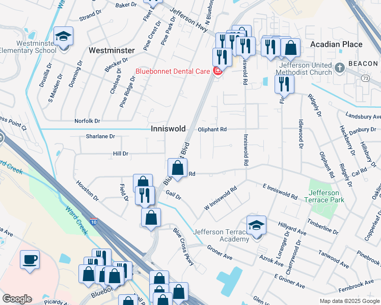 map of restaurants, bars, coffee shops, grocery stores, and more near 4983 Bluebonnet Boulevard in Baton Rouge