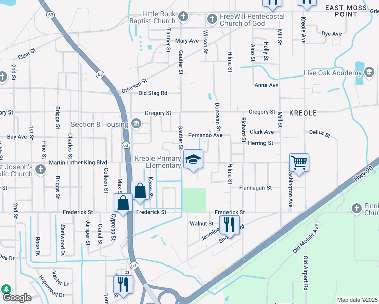 map of restaurants, bars, coffee shops, grocery stores, and more near 4300 Gautier Street in Moss Point