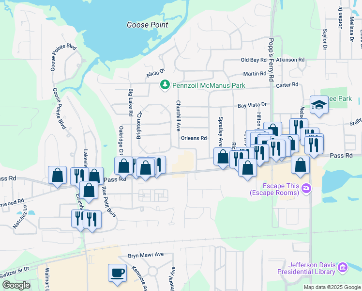 map of restaurants, bars, coffee shops, grocery stores, and more near 321-329 Churchill Ave in Biloxi
