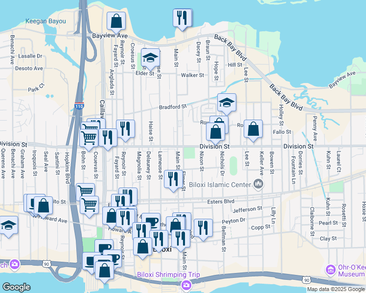 map of restaurants, bars, coffee shops, grocery stores, and more near Elmer Street in Biloxi