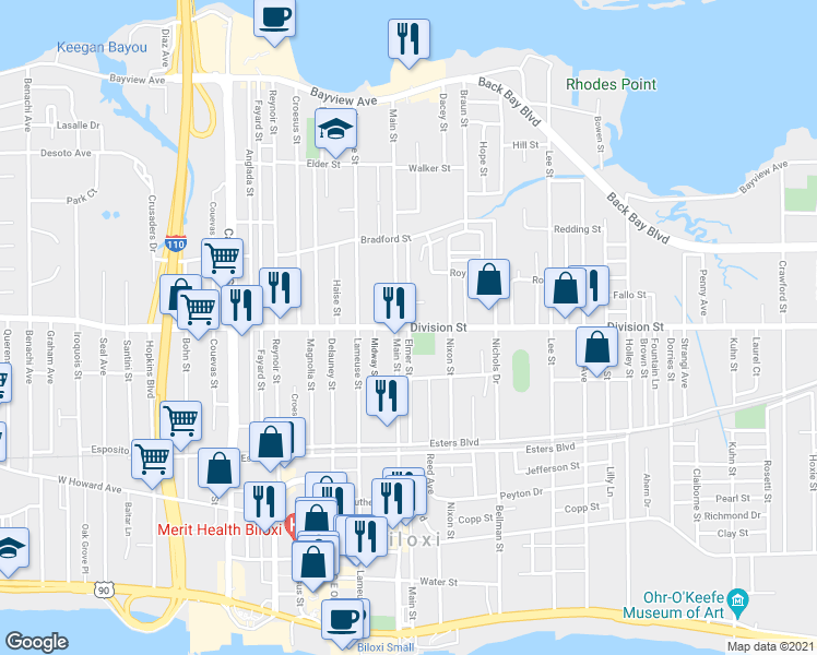 map of restaurants, bars, coffee shops, grocery stores, and more near Elmer Street in Biloxi