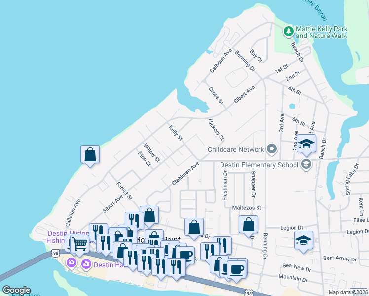map of restaurants, bars, coffee shops, grocery stores, and more near 402 Kelly Street in Destin