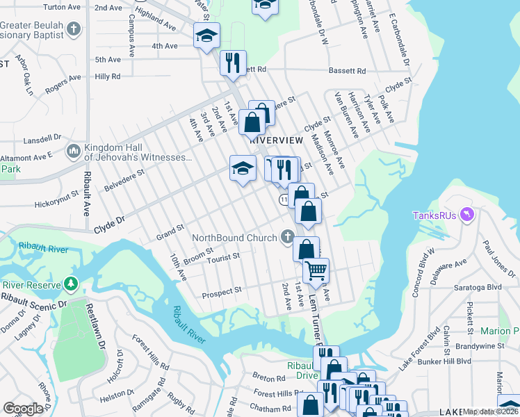 map of restaurants, bars, coffee shops, grocery stores, and more near 8960 2nd Avenue in Jacksonville