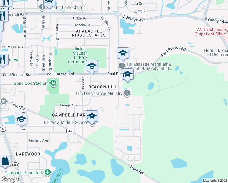 map of restaurants, bars, coffee shops, grocery stores, and more near 3216 Jim Lee Road in Tallahassee