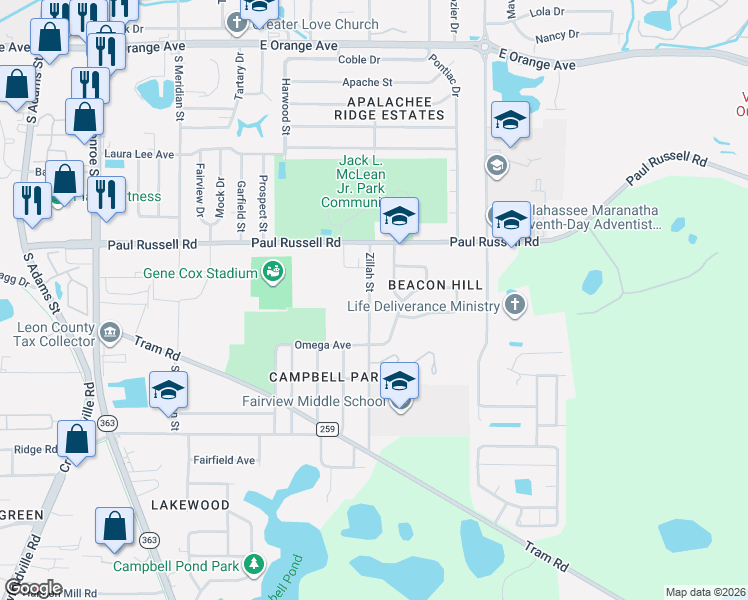 map of restaurants, bars, coffee shops, grocery stores, and more near 3227 Zillah Street in Tallahassee