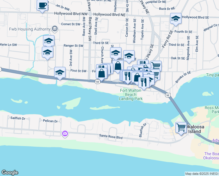 map of restaurants, bars, coffee shops, grocery stores, and more near in Okaloosa Island