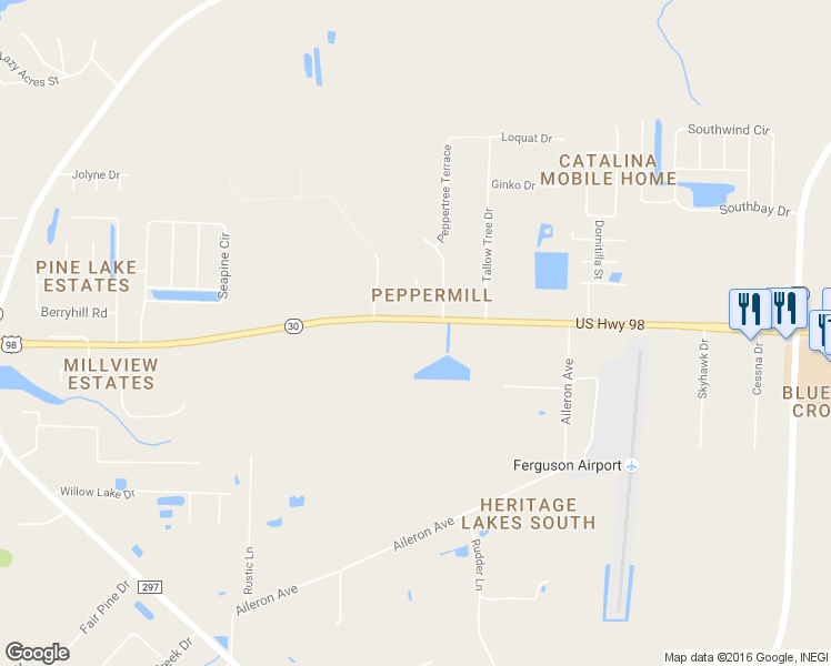 map of restaurants, bars, coffee shops, grocery stores, and more near 10113 Peppertree Court in Pensacola