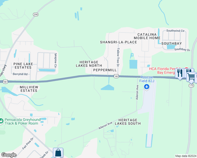 map of restaurants, bars, coffee shops, grocery stores, and more near 10113 Peppertree Court in Pensacola