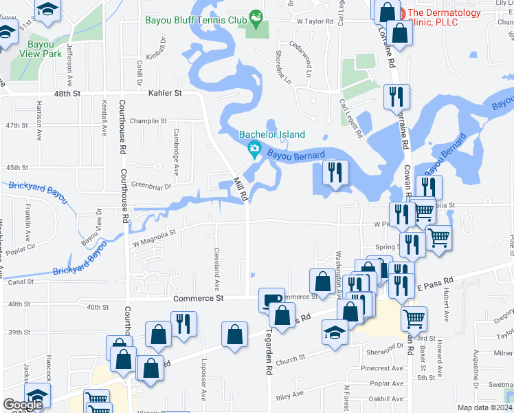 map of restaurants, bars, coffee shops, grocery stores, and more near 1200 Mill Road in Gulfport