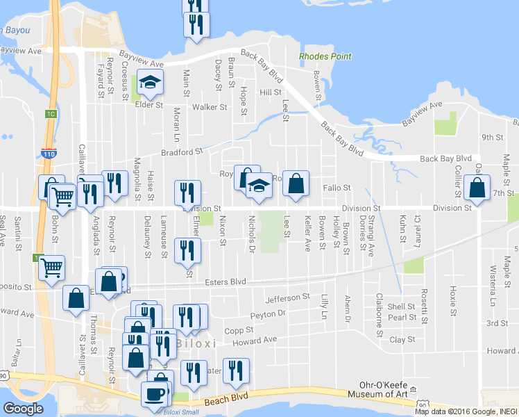 map of restaurants, bars, coffee shops, grocery stores, and more near 590 Division St in Biloxi