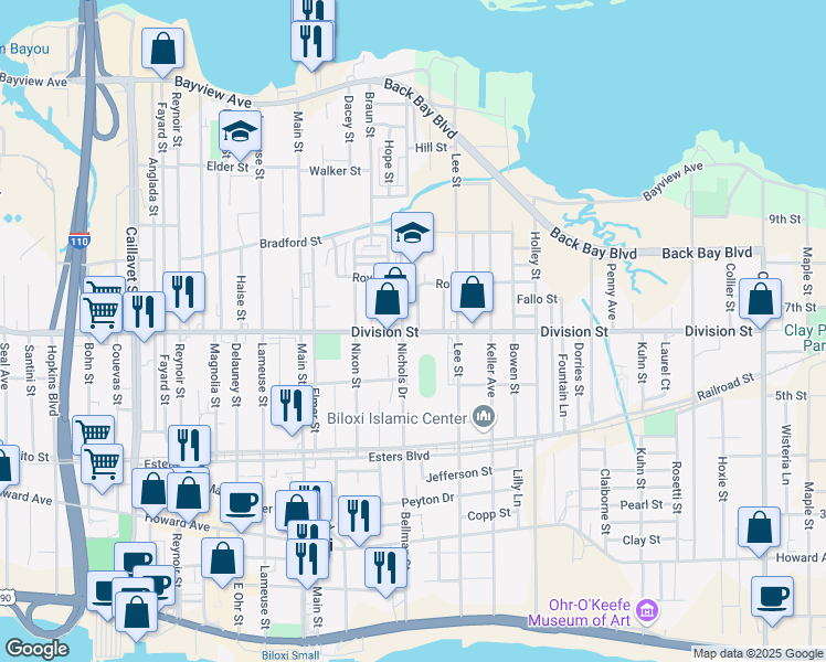 map of restaurants, bars, coffee shops, grocery stores, and more near 590 Division Street in Biloxi
