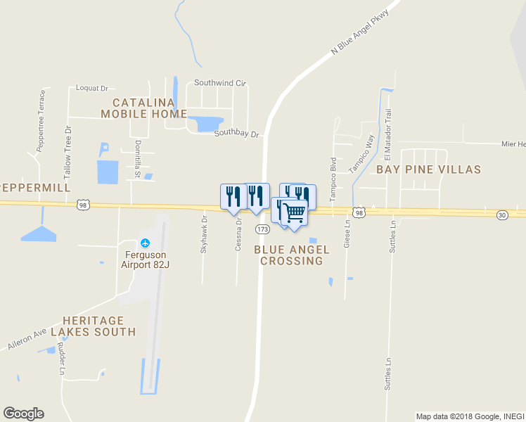 map of restaurants, bars, coffee shops, grocery stores, and more near 553 South Blue Angel Parkway in Pensacola