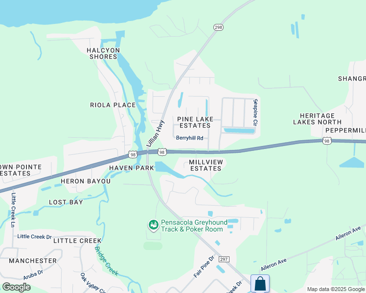map of restaurants, bars, coffee shops, grocery stores, and more near 10848 US Highway 98 in Pensacola