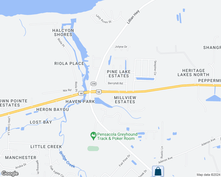 map of restaurants, bars, coffee shops, grocery stores, and more near 10852 US Highway 98 in Pensacola