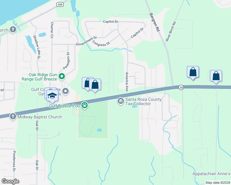 map of restaurants, bars, coffee shops, grocery stores, and more near in Gulf Breeze